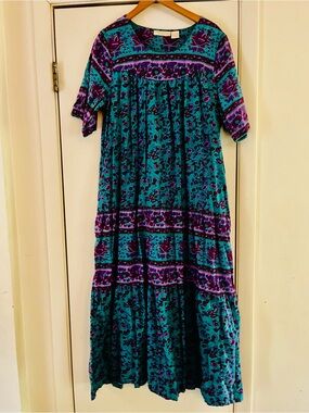 VTG La Cera Indian Cotton Festival 70s Hippie Muumuu Beachy Boho Dress M